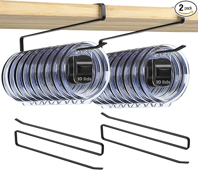 2 Pack Tumbler Lid Organizer, Under Cabinet Cup Lid Holder - Heavy Duty Iron with Anti-Rust Coating, Holds 10+ Lids , No Drill Space-Saving Kitchen Bathroom Organizer for 20–40 oz Tumbler Lids, Black