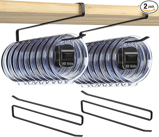 2 Pack Tumbler Lid Organizer, Under Cabinet Cup Lid Holder - Heavy Duty Iron with Anti-Rust Coating, Holds 10+ Lids , No Drill Space-Saving Kitchen Bathroom Organizer for 20–40 oz Tumbler Lids, Black
