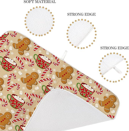 Christmas Dish Drying Mat 18x24 Inch Winter Brown Gingerbread Man Dish Drainer Protector Pad for Kitchen Counter Absorbent Marshmallow Candy Xmas Drying Pad for Drainer Rack Kitchen Fast Dry