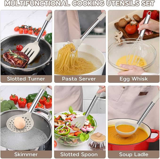 Onader Silicone Cooking Utensils Set of 15, Kitchen Utensils Set with Holder for Nonstick Cookware, 446°F Heat Resistant Stainless Steel Handle - Khaki - Image 8