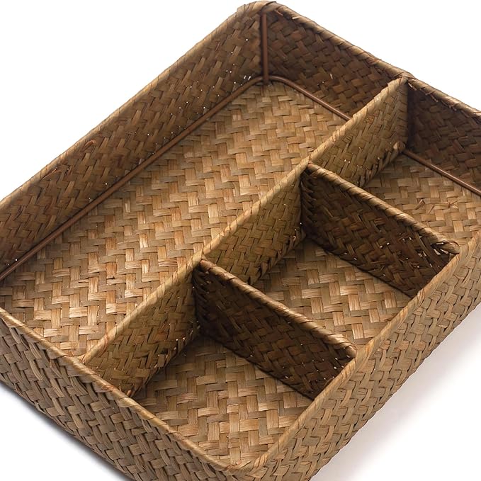 XIMISISE Tea Bag Holder, Woven Tea Bag Organizer, Tea Candy Storage Basket, Sugar Packet Holder, Coffee Station Condiment Organizer (10.2 x 7.9 x 2.4 inch)