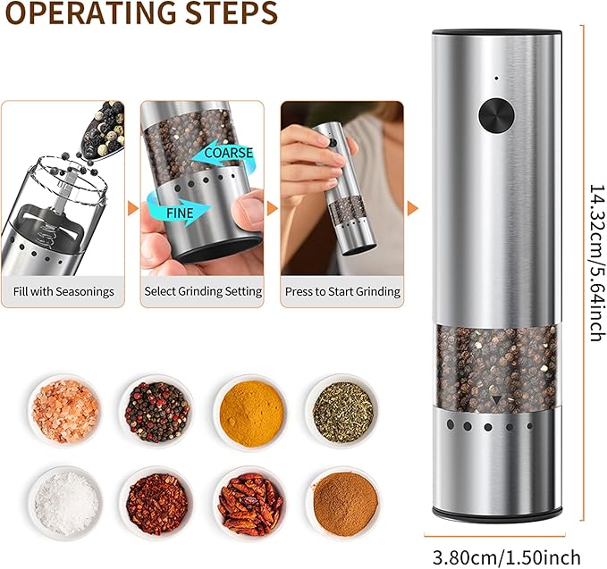 Mini Electric Salt and Pepper Grinder Stainless steel, USB Rechargeable, Small Automatic Salt Pepper Mill Grinder, Travel/Outdoor BBQ/Children, One-Button Control,External Adjustable Coarseness