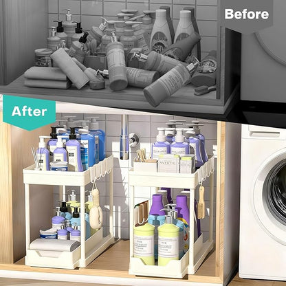 Under Sink Organizers and Storage 2 Pack, Pull-Out Sliding Cabinet Organizer with 2-Tier Storage Shelf & 4 Hooks, Multi-Purpose for Kitchen & Bathroom (13 Inch, White) - Image 6