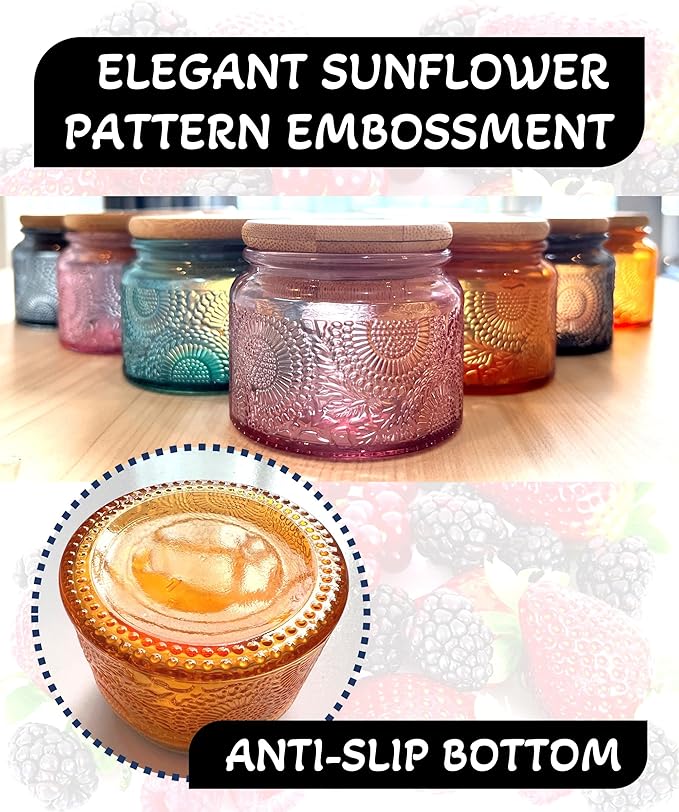 4 oz Amber Mini Glass Jars with Airtight Bamboo Lids 12 pack, Decorative Small Food Storage Canister, Vintage Embossed Home Décor Candle Parties Wedding Baby Shower Favors Gift