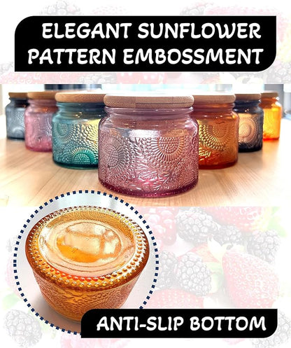 4 oz Pink Mini Glass Jars with Airtight Bamboo Lids 12 pack, Decorative Small Food Storage Canister, Vintage Embossed Home Décor Candle Parties Wedding Baby Shower Favors Gift