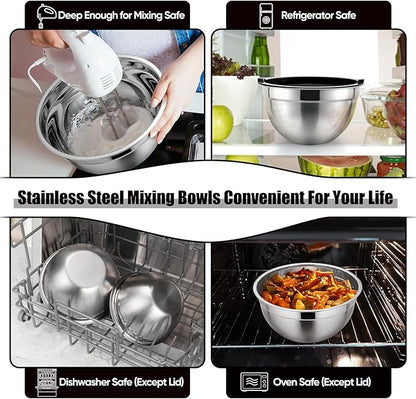 P&P CHEF Mixing Bowls with Airtight Lids Set of 5, 10-Piece Stainless Steel Mixing Nesting Bowl, Metal Bowl with Lid for Kitchen Prepping & Storing, Size 4.6, 3, 1.5, 1, 0.7 QT, Black
