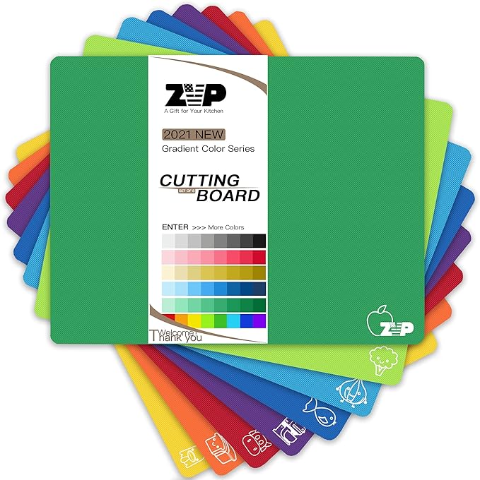 ZVP Plastic Cutting Boards for Kitchen, Flexible Cutting Mats, Colorful Chopping Boards with Food Icon, Non-Slip, Non Porous, BPA Free, Dishwasher Safe Rainbow