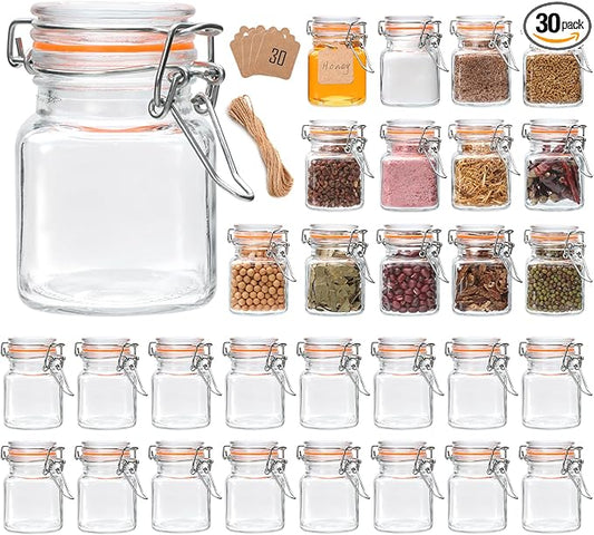 Encheng 4 oz Glass Jars With Airtight Lids And Leak Proof Rubber Gasket,Small Mason Jars With Hinged Lids For Kitchen, Mini Spice Jars With Twine And Tags Labeling 30 Pack by Encheng