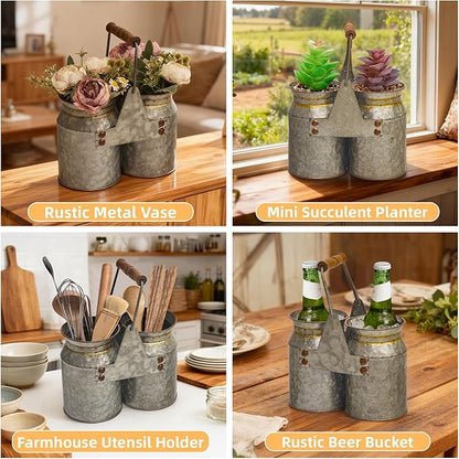 Set of 2 Rustic Galvanized Utensil Holders with Handles, Farmhouse Kitchen Crocks for Spoons, Forks & Knives, Countertop Organizer Buckets for Rustic Farmhouse Decor, 8"x4"x6.75"