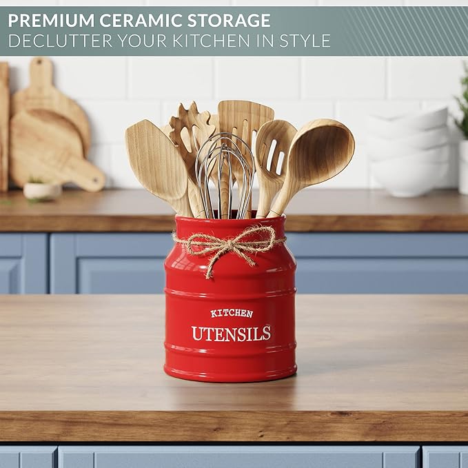 Barnyard Designs Ceramic Farmhouse Utensil Holder for Kitchen Counter, Large Rustic Utensil Crock, Countertop Cooking Tool Spatula Organizer, 6.75” (Red) - Image 5