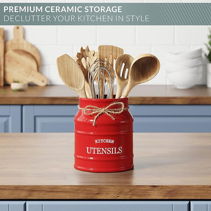 Barnyard Designs Ceramic Farmhouse Utensil Holder for Kitchen Counter, Large Rustic Utensil Crock, Countertop Cooking Tool Spatula Organizer, 6.75” (Red) - Image 5