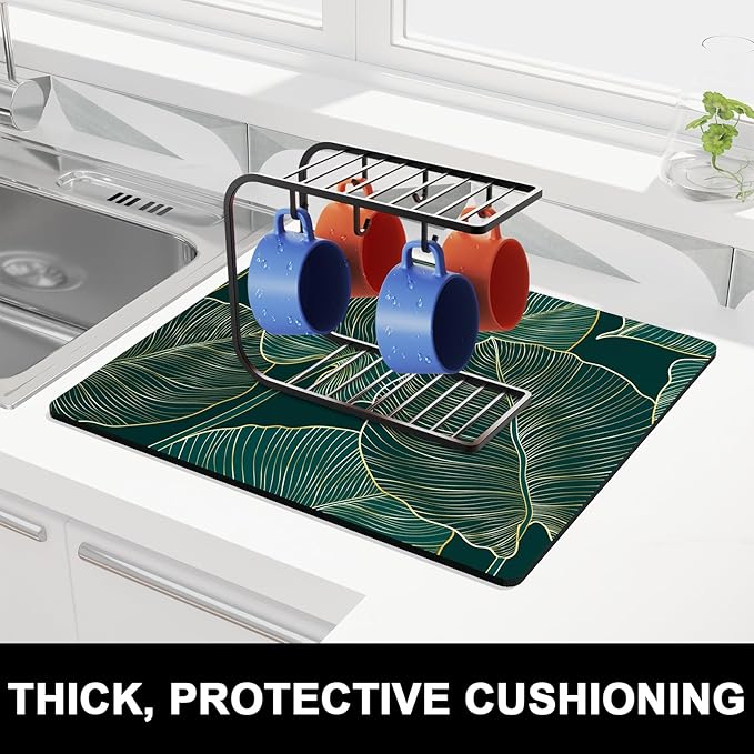 Rnivvi Dish Drying Mat for Kitchen Counter, 16 x 18" Boho Theme Absorbent Heat Resistant Drying Pad with Non-slip Rubber, Coffee Bar Mats for Dish Rack Kitchen Decor Accessories, Tropical Palm - Image 2