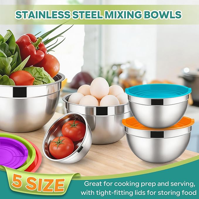 E-far Mixing Bowls With Lids Sets of 5, 10-Piece Stainless Steel Salad Metal Nesting Bowl for Baking Cooking and Prepping, Airtight Lid & Stackable Design, Size 4.6, 3, 2.1, 1.5, 0.7 QT, Colorful - Image 4