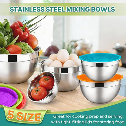 E-far Mixing Bowls With Lids Sets of 5, 10-Piece Stainless Steel Salad Metal Nesting Bowl for Baking Cooking and Prepping, Airtight Lid & Stackable Design, Size 4.6, 3, 2.1, 1.5, 0.7 QT, Colorful - Image 4