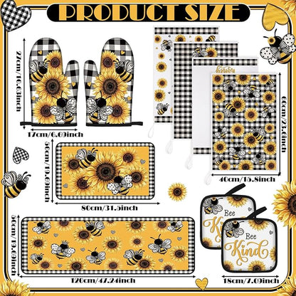 Fourluoo 10 Pcs Bee Kitchen Decor Set Kitchen Towels Rugs Oven Mitts and Pot Holders for Bee Festival Cooking Baking Grilling Gift