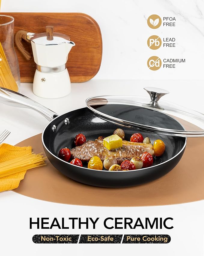 MICHELANGELO Non Stick Frying Pan - 12 Inch Frying Pan Nonstick with Lid, Large Fry Pan Induction Compatible, Black Ceramic Skillet with Lid - Image 2