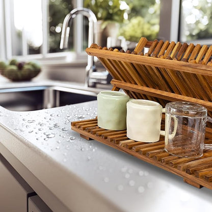Utoplike 3 Tier Collapsible Teak Wood Dish Drying Rack, Foldable Large Capacity Dish Draine, Space-Saving Countertop Kitchen Organizer for Plates, Cups - Image 4