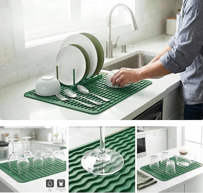 MicoYang Silicone Dish Drying Mat for Multiple Usage,Easy clean,Eco-friendly,Heat-resistant Silicone Mat for Kitchen Counter or Sink,Refrigerator or drawer liner Green L 16 inches x 12 inches - Image 4