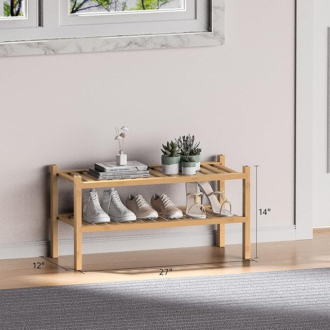 ROMGUAR CRAFT (Thick Bamboo Shoe Rack for Entryway, 2-Tier Free Standing Shoe Racks Stackable Shoe Rack Organizer for Hallway Closet Living Room 27 x12 x14 Inches - Image 3