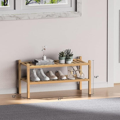 ROMGUAR CRAFT (Thick Bamboo Shoe Rack for Entryway, 2-Tier Free Standing Shoe Racks Stackable Shoe Rack Organizer for Hallway Closet Living Room 27 x12 x14 Inches - Image 3