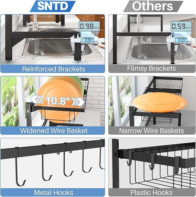 SNTD Over The Sink Dish Drying Rack - Adjustable Dish Rack for Kitchen Counter, Metal (Black) - Image 4