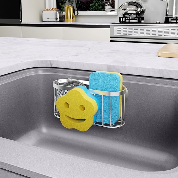 HapiRm Sink Caddy Sponge Holder - 2 Installation Ways Kitchen Sink Organizer with Smiley Face Sponge Holder, Stainless Steel Kitchen Caddy - Silver - Image 6