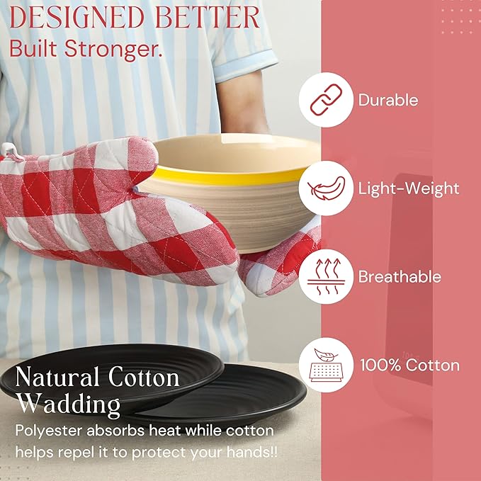 Oven Mitt & Pot Holder Buffalo Plaid Check 100% Cotton Heat Resistant Oven Gloves (7"x13") & Hot Pads (8"x8") Combo for Baking, Cooking - Red