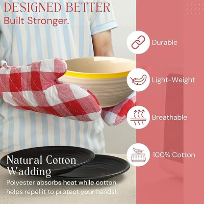 Oven Mitt & Pot Holder Buffalo Plaid Check 100% Cotton Heat Resistant Oven Gloves (7"x13") & Hot Pads (8"x8") Combo for Baking, Cooking - Red