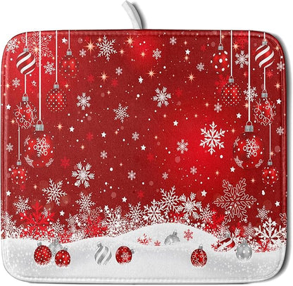 Giwawa Xmas Balls Dish Drying Mat for Kitchen Countertop Winter Red White Snowflakes Dish Drainer Mats 16x18inch Reversible Dish Drying Rack Pad Protector for Dining Holiday New Year Decor