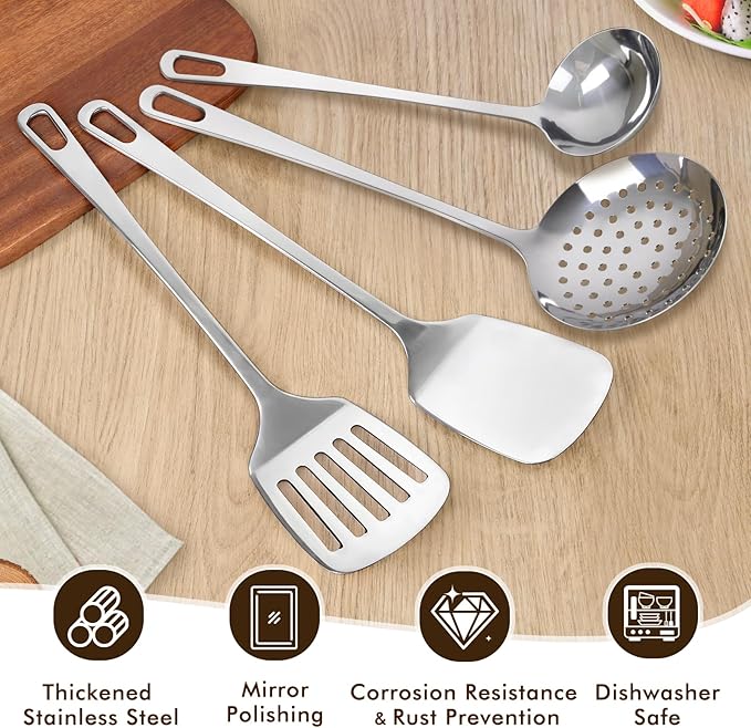 4 Pcs Cooking Utensils Set, Stainless Steel Kitchen Utensils, Heat Resistant Metal Kitchen Tools Include Solid & Slotted Turner Wok Spatula, Serving Spoon, Ergonomic Handle, Easy to Clean, Silver - Image 3