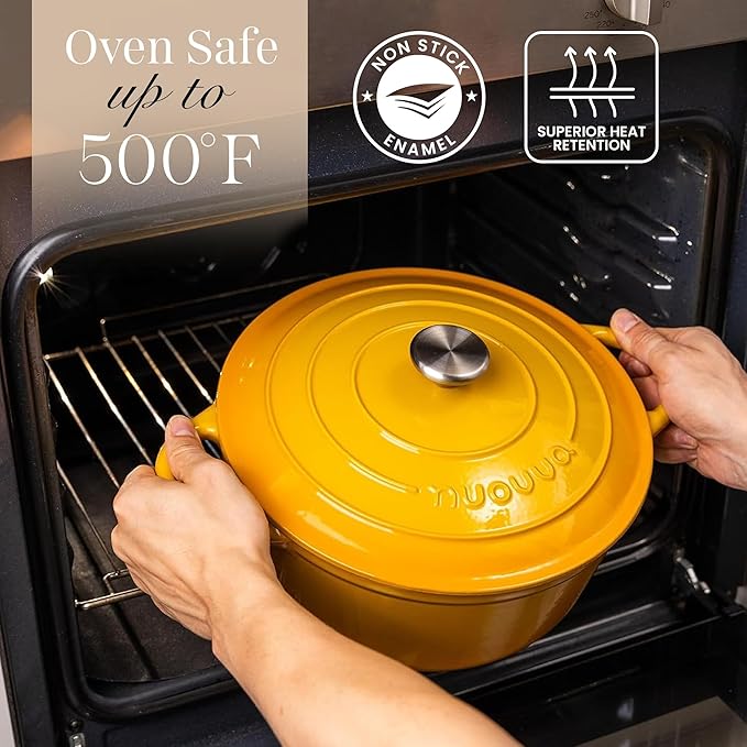 Nuovva Enamelled Cast Iron Dutch Oven Pot with Lid 6.4 Quart Non Stick Casserole Pot – Heavy Duty & Oven Safe up to 500° F for Bread Baking, Braising, Stews, Roasting – 28cm Yellow - Image 5