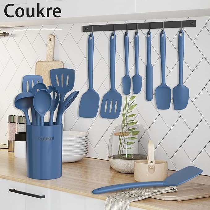 Coukre Silicone Kitchen Cooking Utensils Set with Holder – Heat-Resistant, Food-Grade Kitchen Tools, Spatula, Spoon & Gadgets for Non-Stick Pans, Dishwasher Safe (14, PureDarkBlue) - Image 6