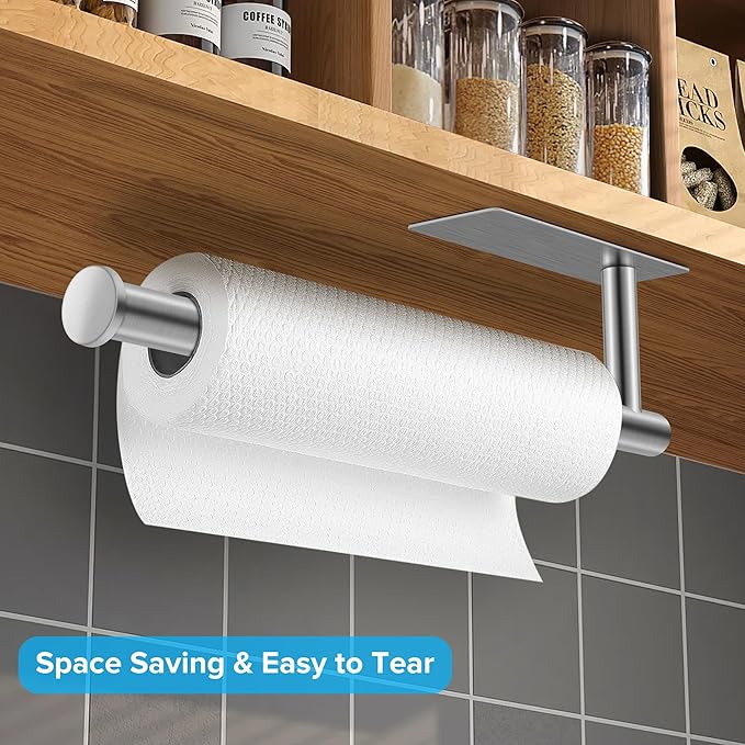 2nd Gen Paper Towel Holder Under Cabinet No Drilling, [More Sturdy] Self Adhesive or Drilling Paper Towel Holder Wall Mount for Kitchen, RV, [Fit Mega Paper Towel Roll] SUS304 Stainless Steel - Image 3