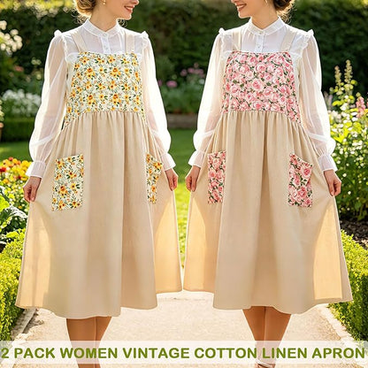 Uaussi Cotton Linen Apron Cross Back Work Apron for Women with Pockets Pinafore Dress X Cross Halter Apron for Chef Gardening - Image 2