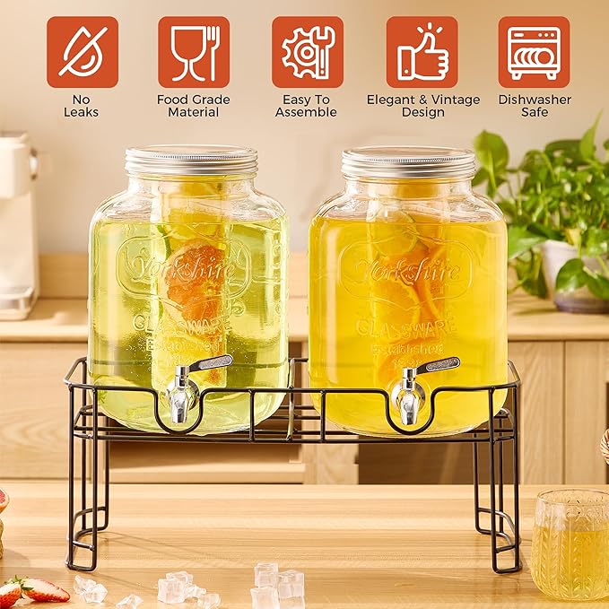 1.5 Gallon Glass Drink Dispensers for Parties, 2PACK Beverage Dispenser with Stand, Ice Cylinder and Stainless Steel Spigot 100% Leakproof, Beverage Dispenser for Lemonade Sun Tea - Image 2