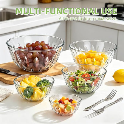 Luvan 5-Pack Glass Mixing Bowls with Lids Set - Leaf Pattern Clear Serving Bowls with Dark Green Translucent Lids, Nesting Borosilicate Salad Bowl, Dishwasher & Microwave Safe - Image 3