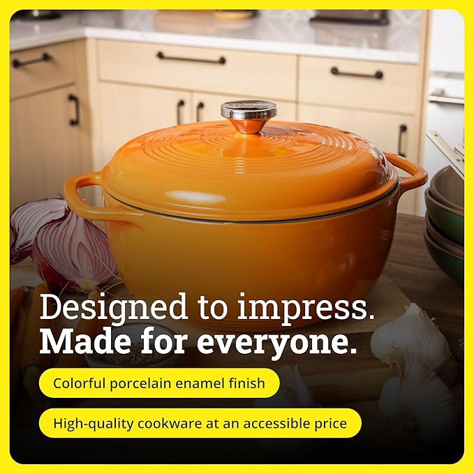 Lodge Essential Enamel Cast Iron Dutch Oven - Perfect for Bread Baking, Braising, Marinating & Slow Cooking - Features Moisture-Sealing Lid & Dual Handles - Kitchen Essentials - 6 Quarts - Pumpkin - Image 6