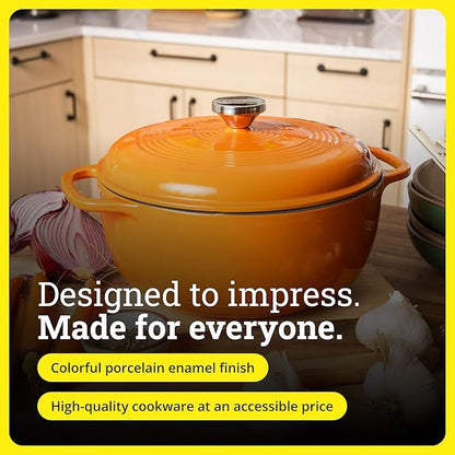 Lodge Essential Enamel Cast Iron Dutch Oven - Perfect for Bread Baking, Braising, Marinating & Slow Cooking - Features Moisture-Sealing Lid & Dual Handles - Kitchen Essentials - 6 Quarts - Pumpkin - Image 6