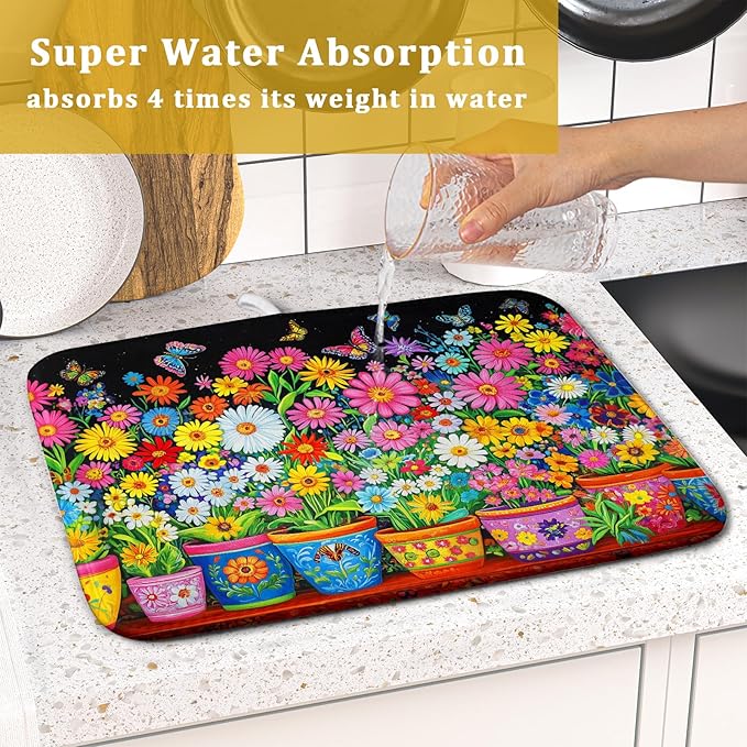 Colorful Floral Dish Drying Mat 16 X 18 Black Spring Flowers Absorbent Microfiber Kitchen Decor Counter Mats - Image 7