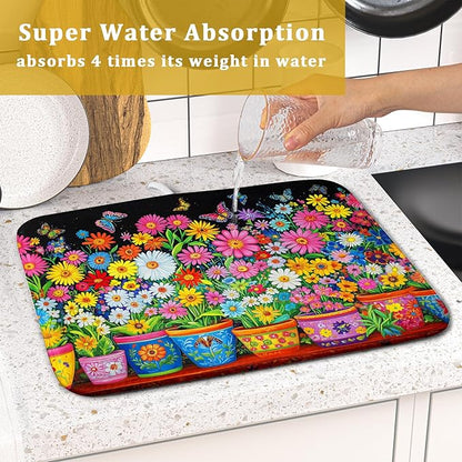Colorful Floral Dish Drying Mat 16 X 18 Black Spring Flowers Absorbent Microfiber Kitchen Decor Counter Mats - Image 7