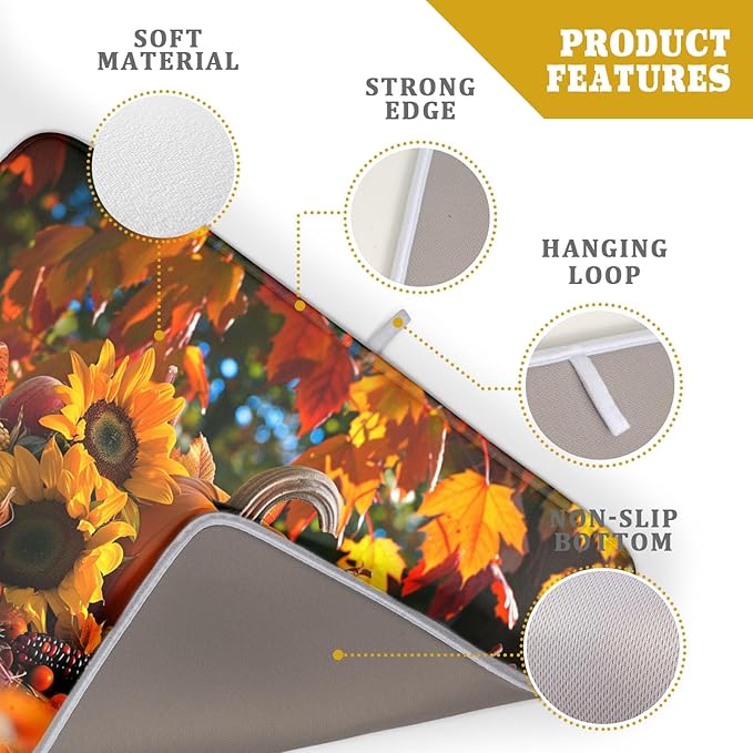 Fall Harvest Pumpkin Dish Drying Mat for Kitchen Counter,Thanksgiving Maple Leaves Sunflower Drying Mat 18 x 24 Inch with Absorbent Reversible Microfiber Dish Drying Pad for Coffee Bar - Image 4