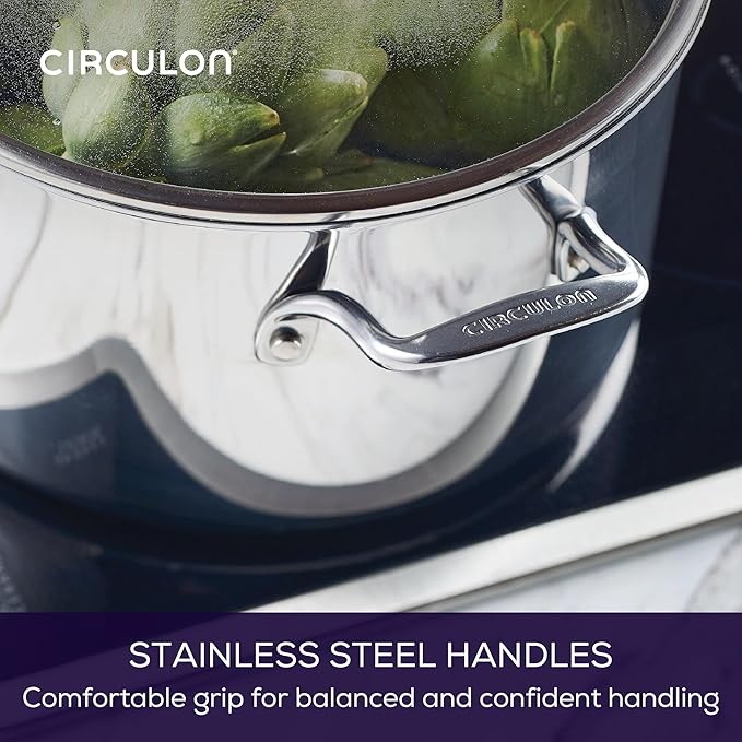 Circulon C1 Series Clad Stainless Steel with ScratchDefense Technology Cookware Nonstick Induction Stockpot with Lid, Metal Utensil Safe, 8 Quart - Polished Stainless Steel