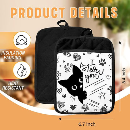 Funny Black Cat Pot Holders with Pockets, Cat Kitchen Decor, Cute Black Kitty Kitten Paw Oven Pot Holders Heat Resistant Oven Mitts Hot Pads for Kitchen Baking Cooking, Set of 2