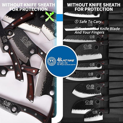 XYJ Professional Serbian Chef Knife Set with Roll Bag, Japanese Culinary Knives, Meat Cleaver, Kitchen Chopping Knife, and Protective Sleeves, Perfect for Home Cooking or Outdoor Camping (13)