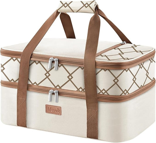 Lifewit Insulated Double Decker Casserole Carrier, Lasagna Lugger Holder for Hot or Cold Food, Fits 9" x 13" Baking Dish, Thermal Lunch Tote Bag for Potluck Parties, Picnic and Cookouts, Cream