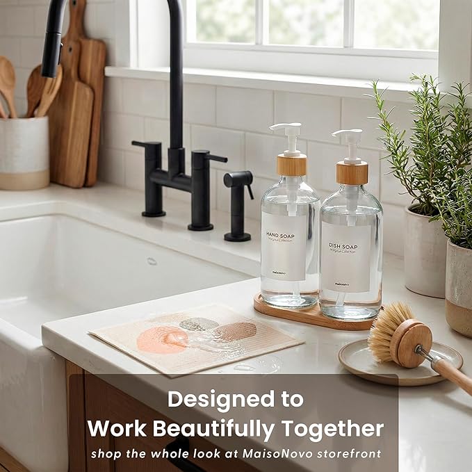 MaisoNovo Glass Dish Soap Dispenser for Kitchen Set of 2-16.9oz Clear Dish and Hand Soap Dispenser Set for Kitchen - Clear Glass Bottles x 2 with White Bamboo Pumps & Tray
