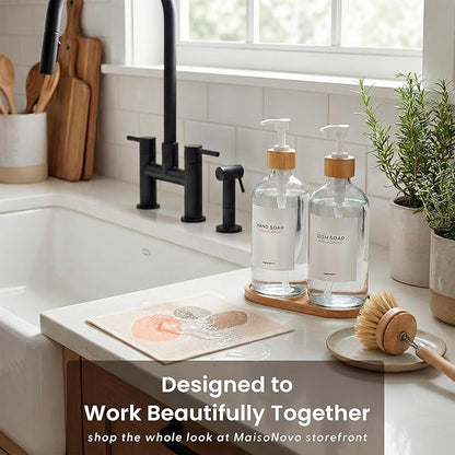 MaisoNovo Glass Dish Soap Dispenser for Kitchen Set of 2-16.9oz Clear Dish and Hand Soap Dispenser Set for Kitchen - Clear Glass Bottles x 2 with White Bamboo Pumps & Tray