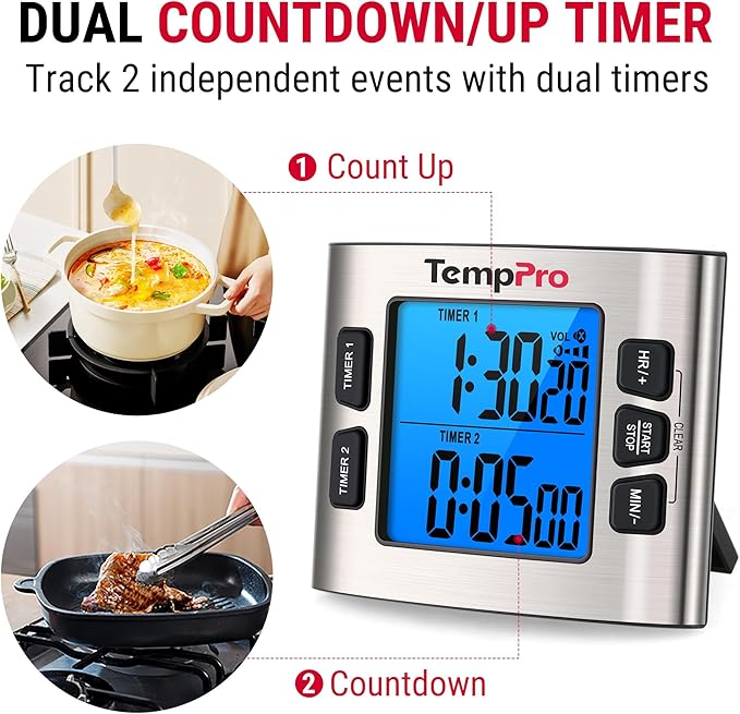 TempPro TM02 24H Digital Timer with Dual Kitchen Timers for Cooking, Magnetic Timer Clock with Adjustable Alarm Volume & LCD Backlit Display, Classroom Timer for Kids & Teachers(Previously ThermoPro) - Image 2