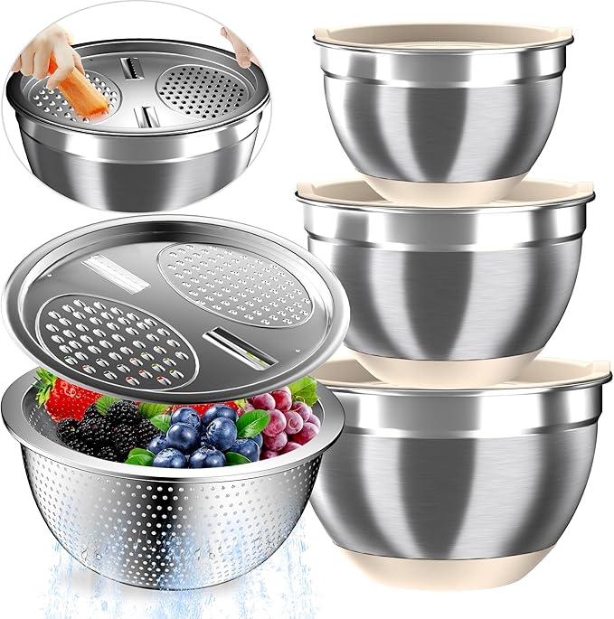 Nicdiet Mixing Bowls with Airtight Lids, Stainless Steel Mixing Bowl Set with 3 Metal Nesting Bowls, Colander & Grater, Non-Slip Bottoms, Size 1.5, 2.5, 5 QT, Great for Mixing & Serving, Khaki by AUFETQ
