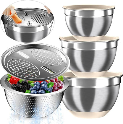 Nicdiet Mixing Bowls with Airtight Lids, Stainless Steel Mixing Bowl Set with 3 Metal Nesting Bowls, Colander & Grater, Non-Slip Bottoms, Size 1.5, 2.5, 5 QT, Great for Mixing & Serving, Khaki by AUFETQ